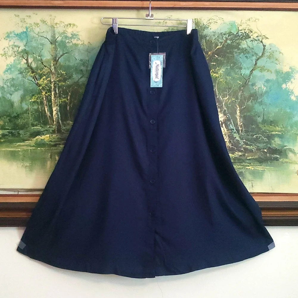 National Summer Casual Front Button A-Line Midi Skirt with Pockets Size L